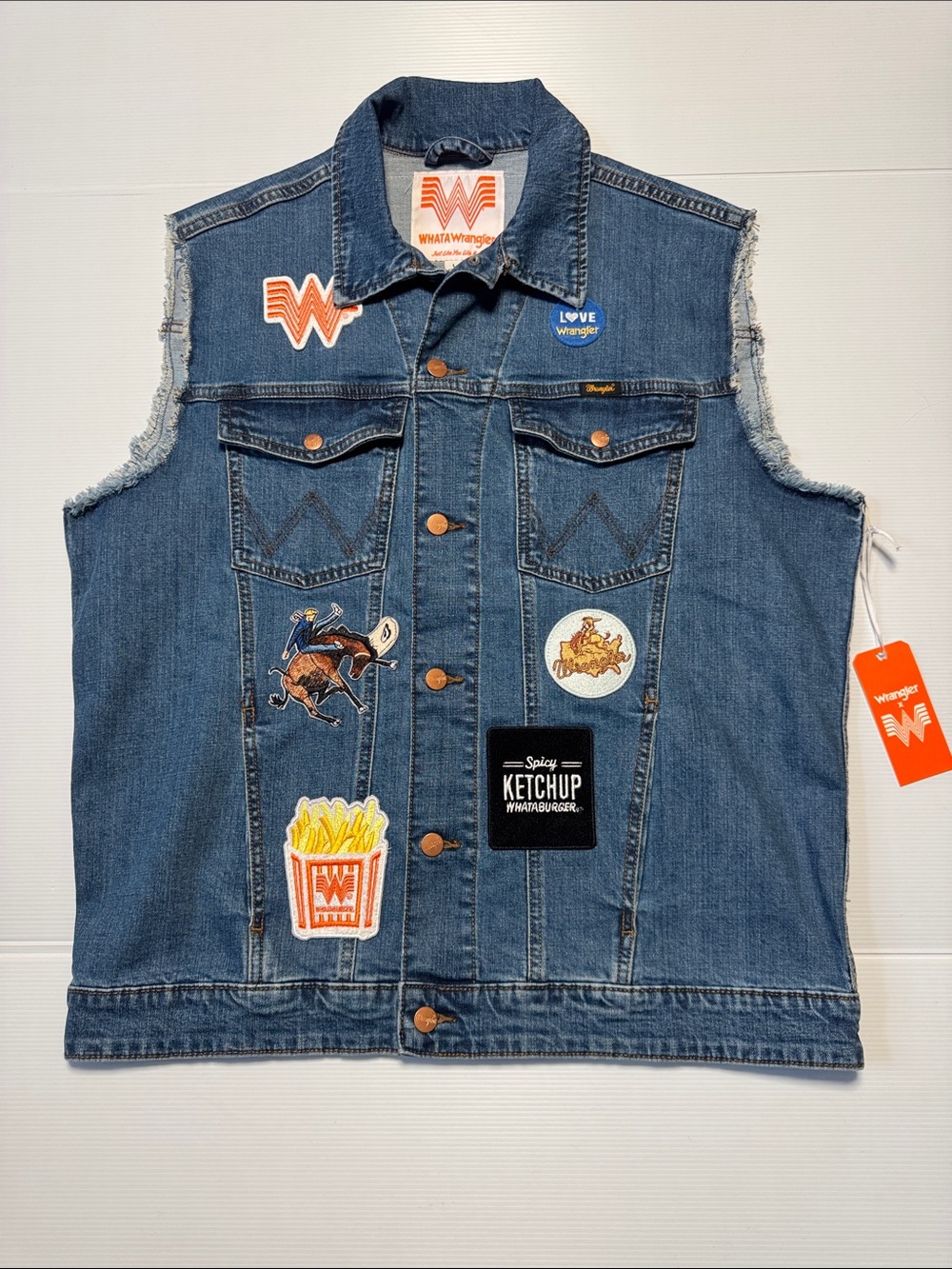 WRANGLER X Whataburger NWT Men's Cut-Off Denim Vest Vintage Style Patches LG